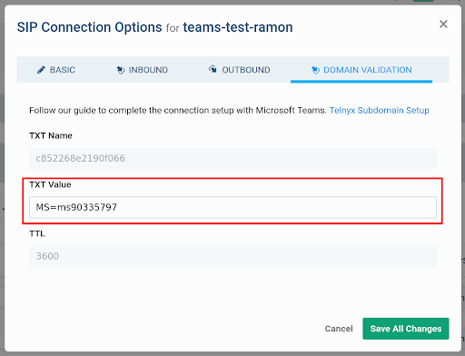 Adding the TXT Value to the Telnyx SIP Connection in Mission Control.
