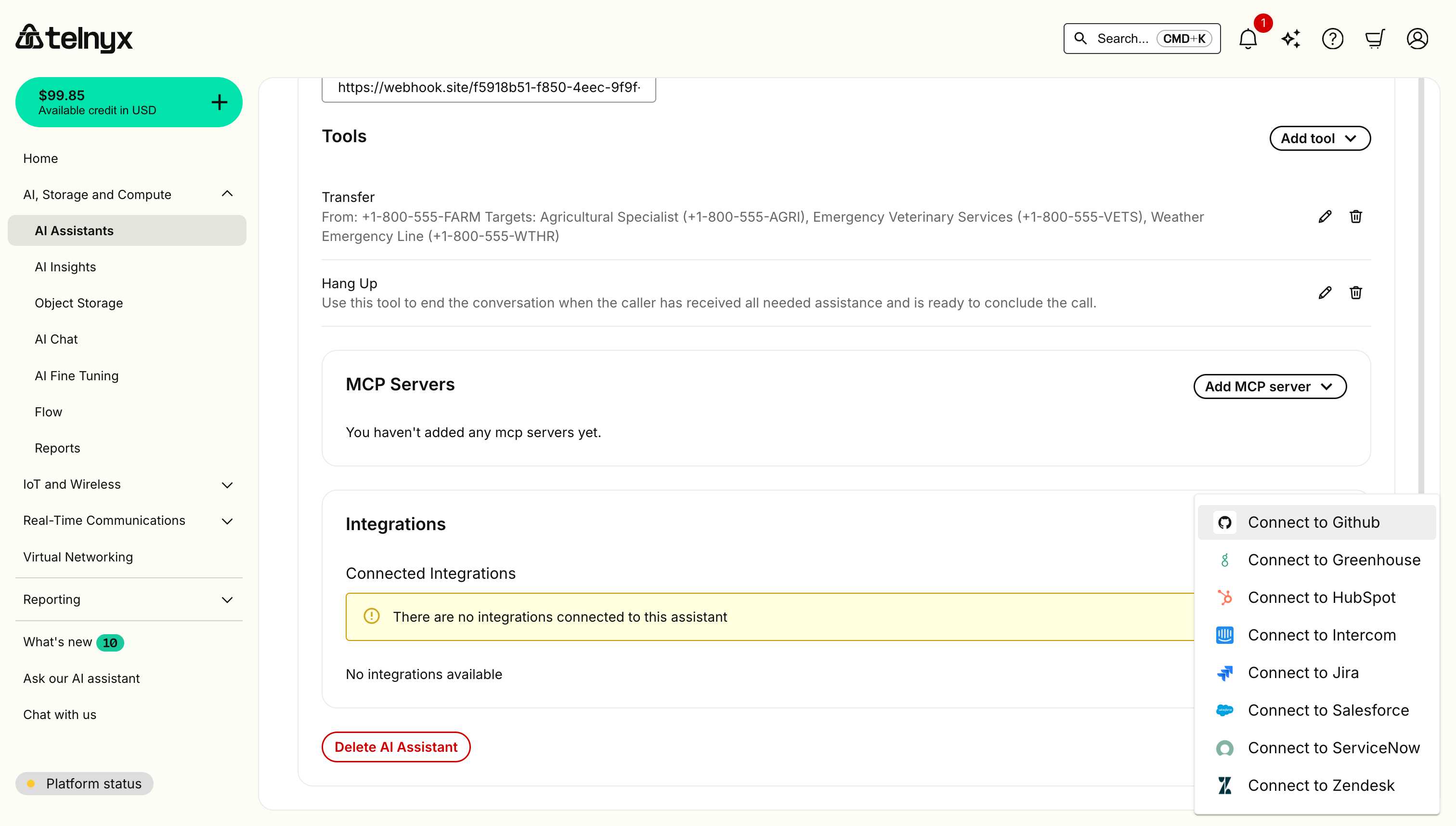 Mission Control Portal showing Add Integration dropdown with available platforms including GitHub, Greenhouse, HubSpot, Intercom, Jira, Salesforce, and Zendesk