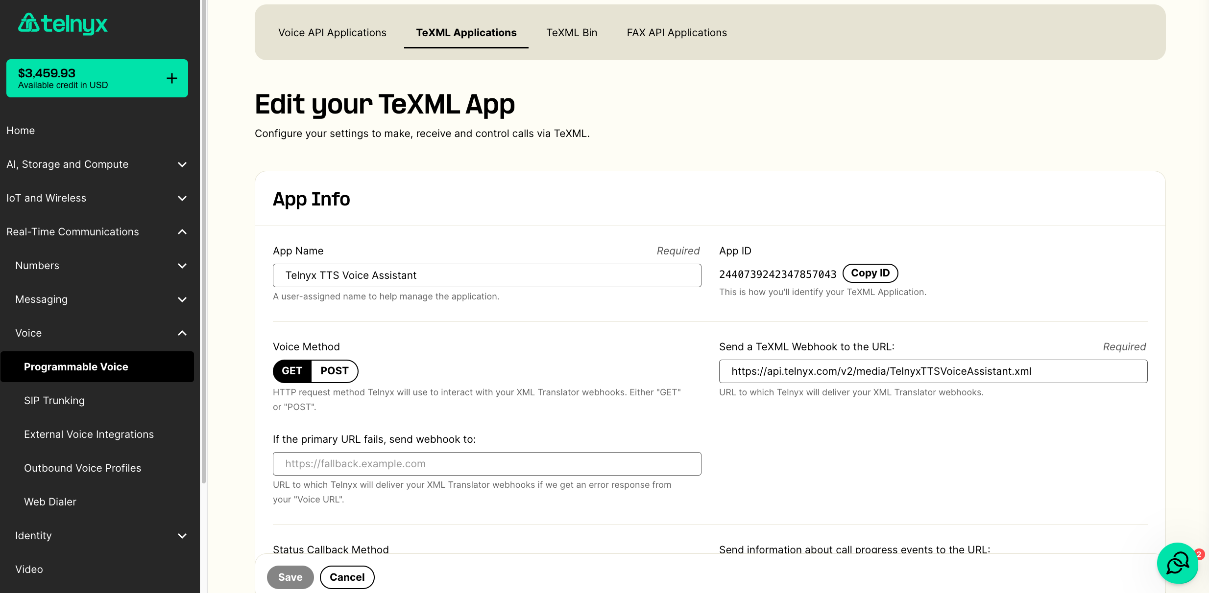 TeXML App Portal Config