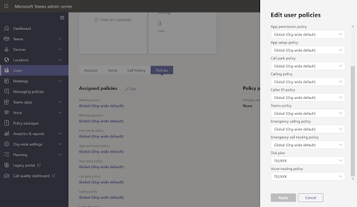 Assigning the Telnyx dial plan and voice routing policy in Microsoft Teams.