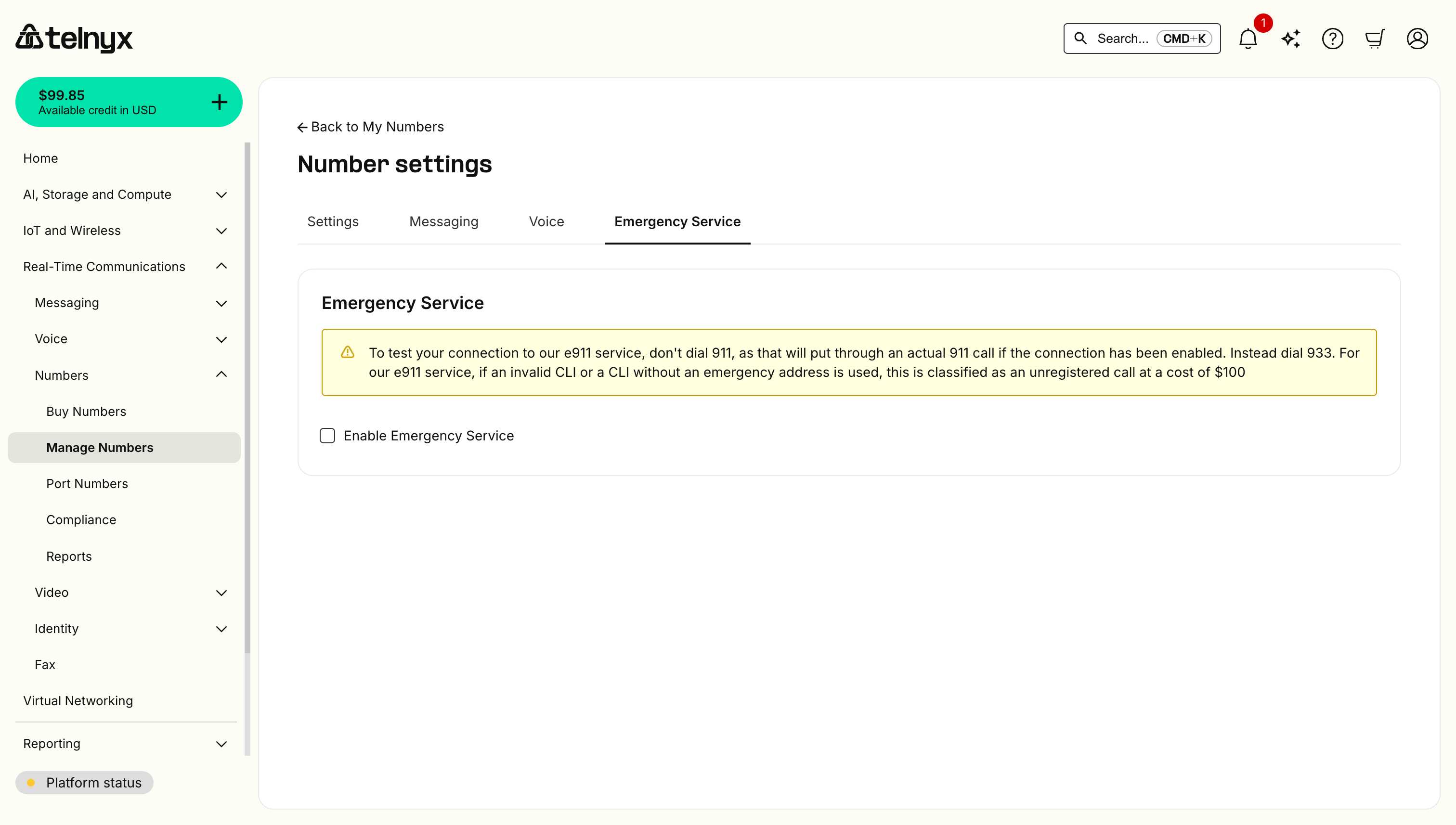 Emergency settings in Telnyx Portal