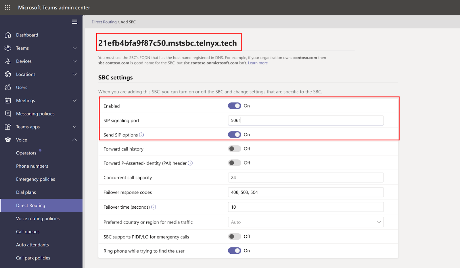 Enter SBC settings in Microsoft Teams