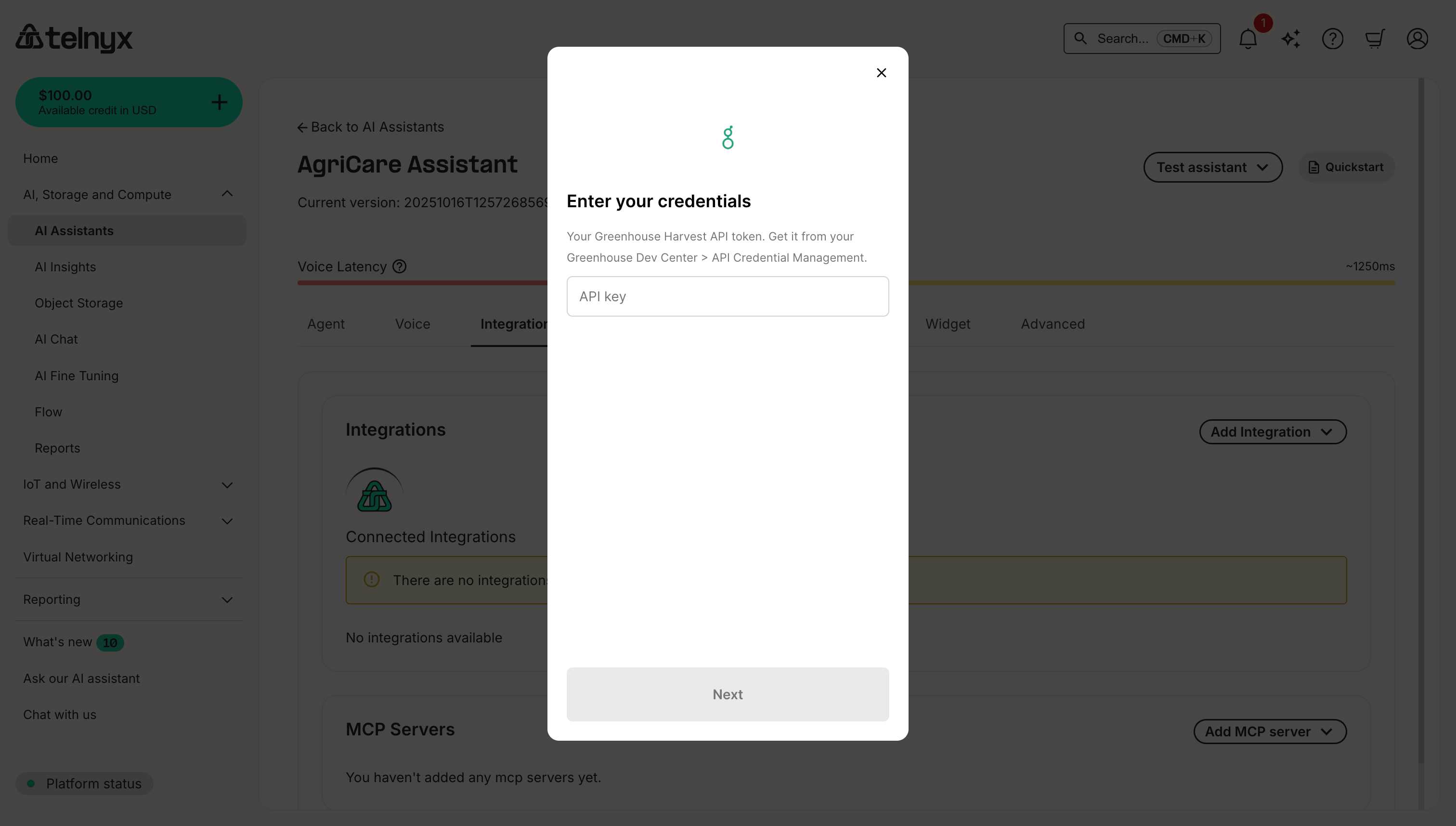 Greenhouse integration credentials dialog showing API Key input field