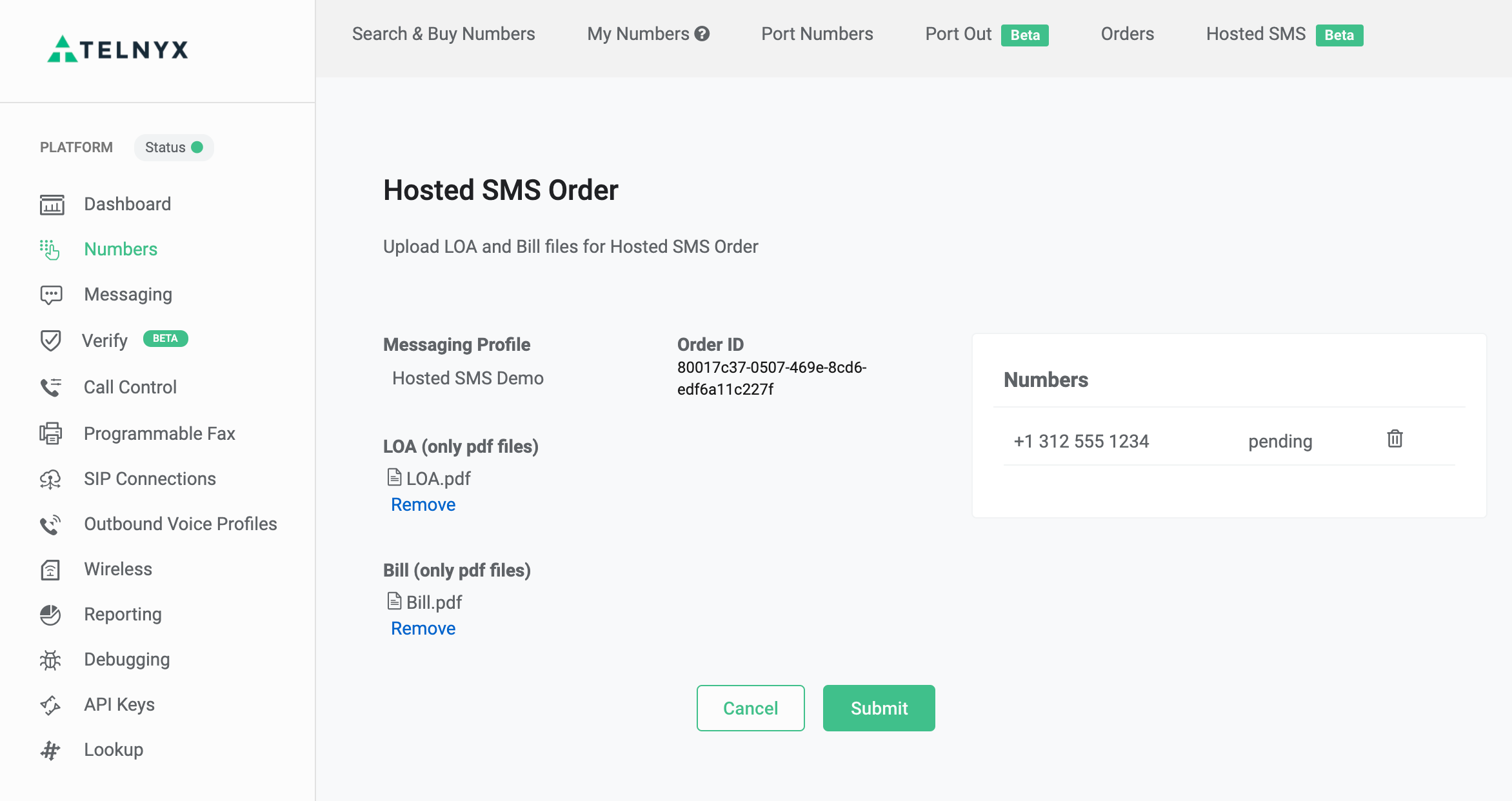 upload files hosted sms order