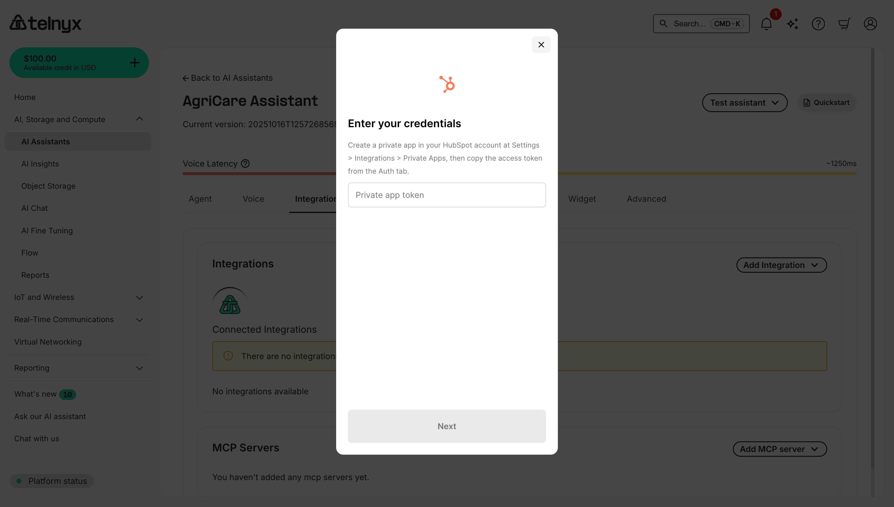 HubSpot integration credentials dialog showing Private app token input field