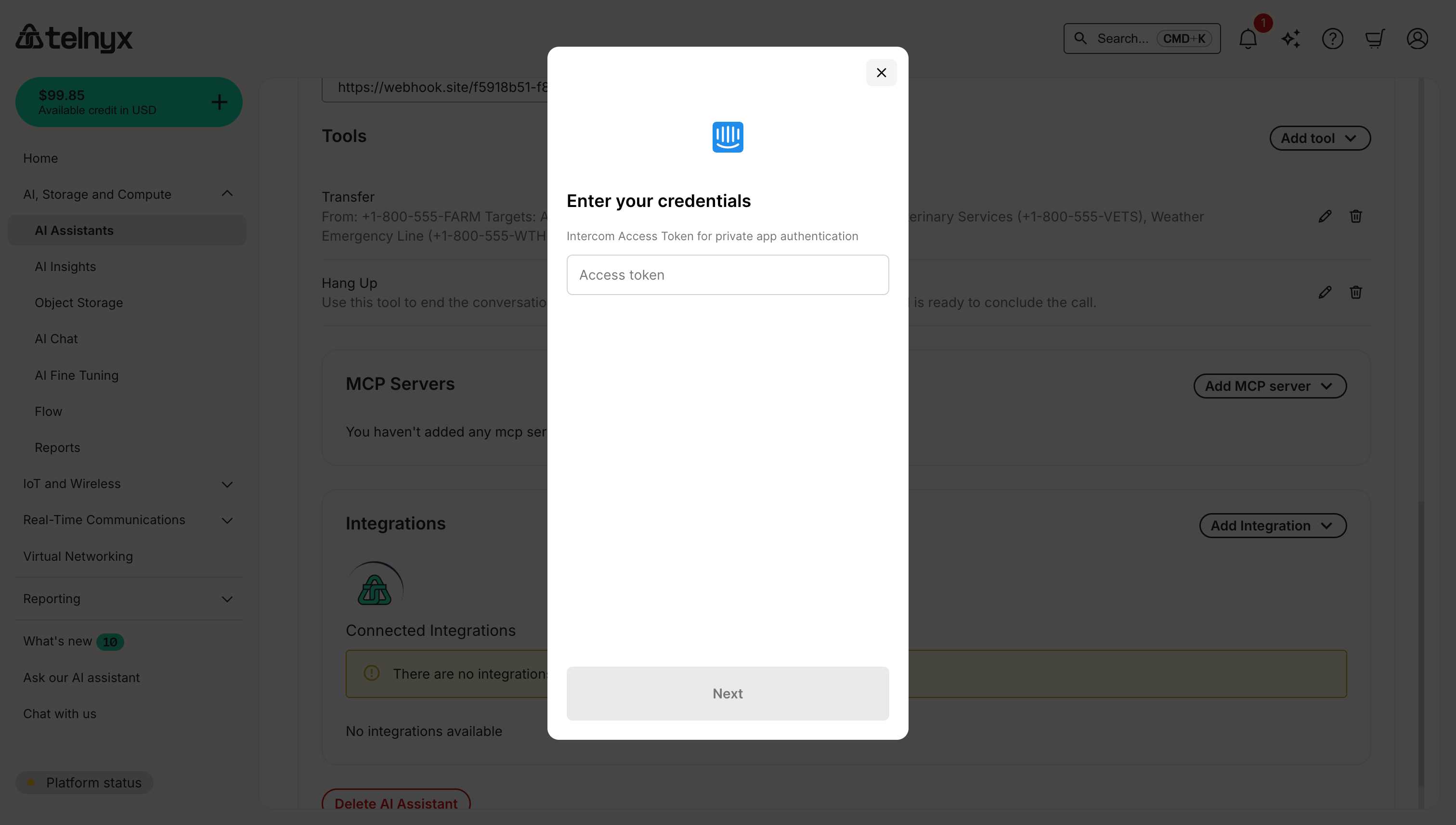 Intercom integration credentials dialog showing Access Token input field