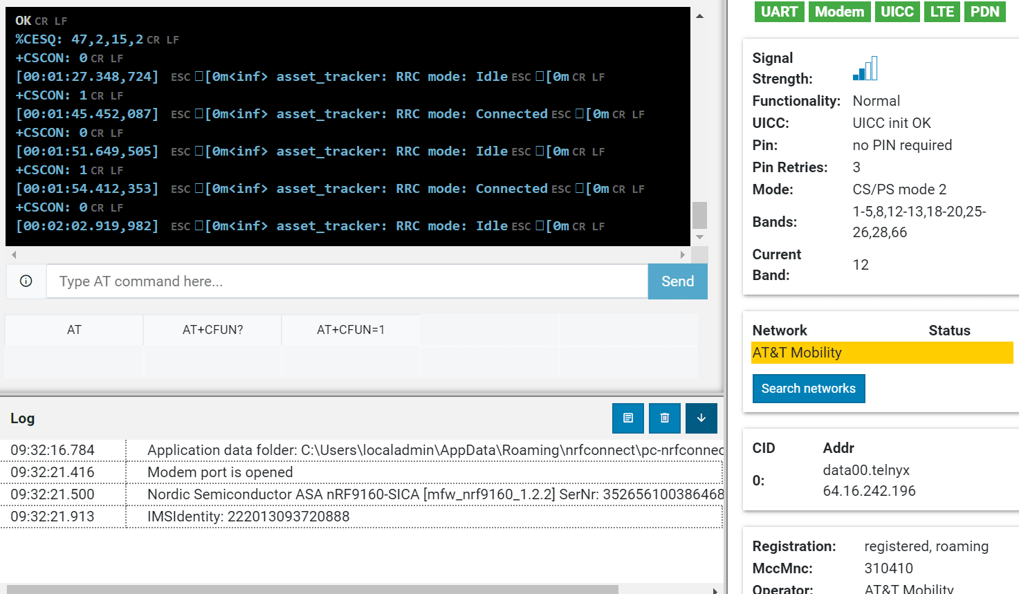 Verify connectivity of your nRF9160 device.