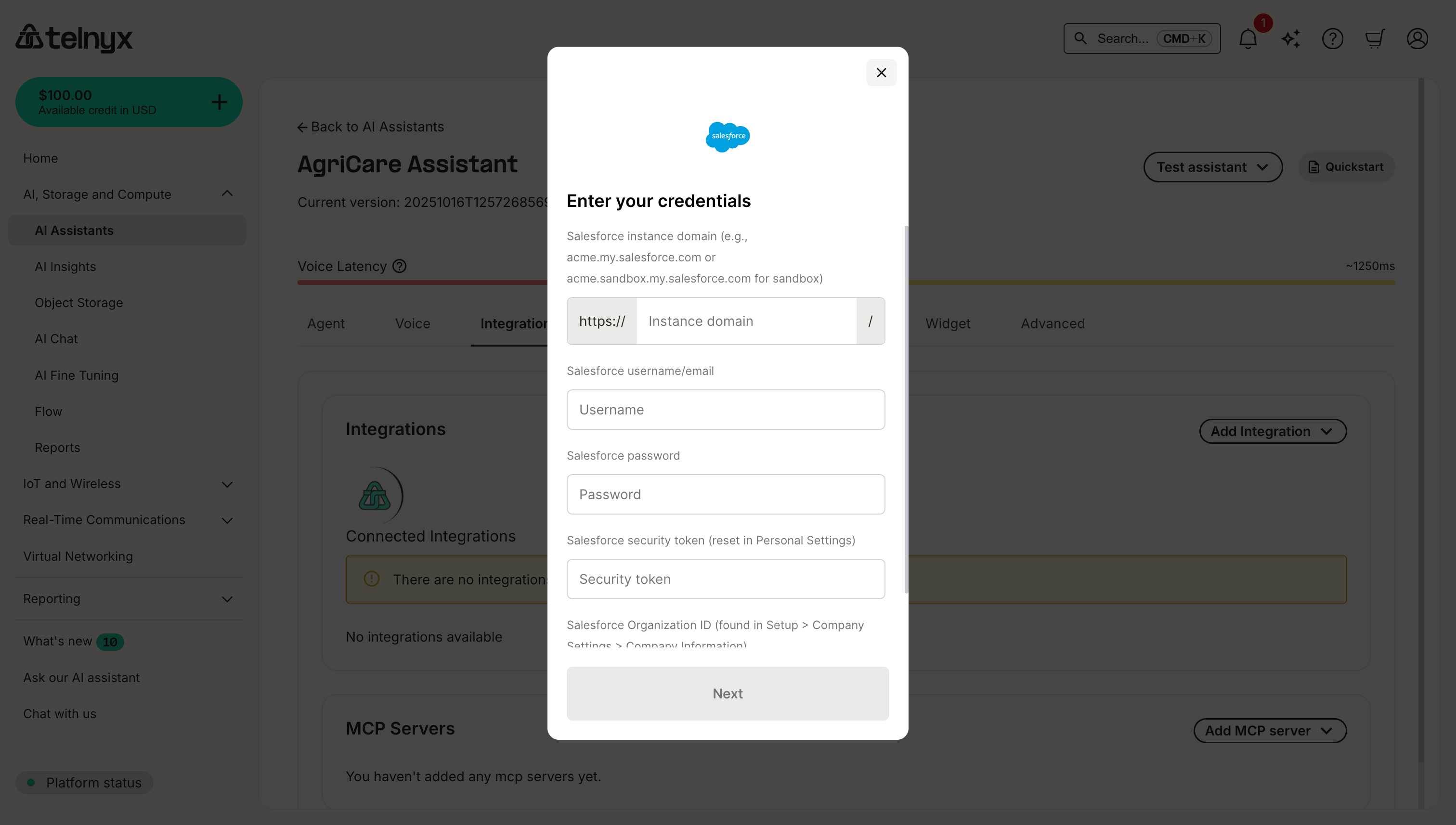 Salesforce integration credentials dialog showing Instance domain, Username, Password, Security token, and Organization ID input fields