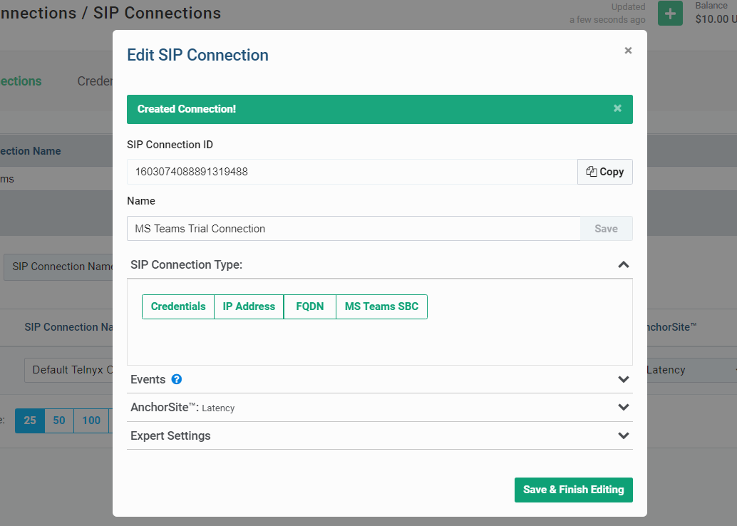 Creating a new SIP Connection in Mission Control.