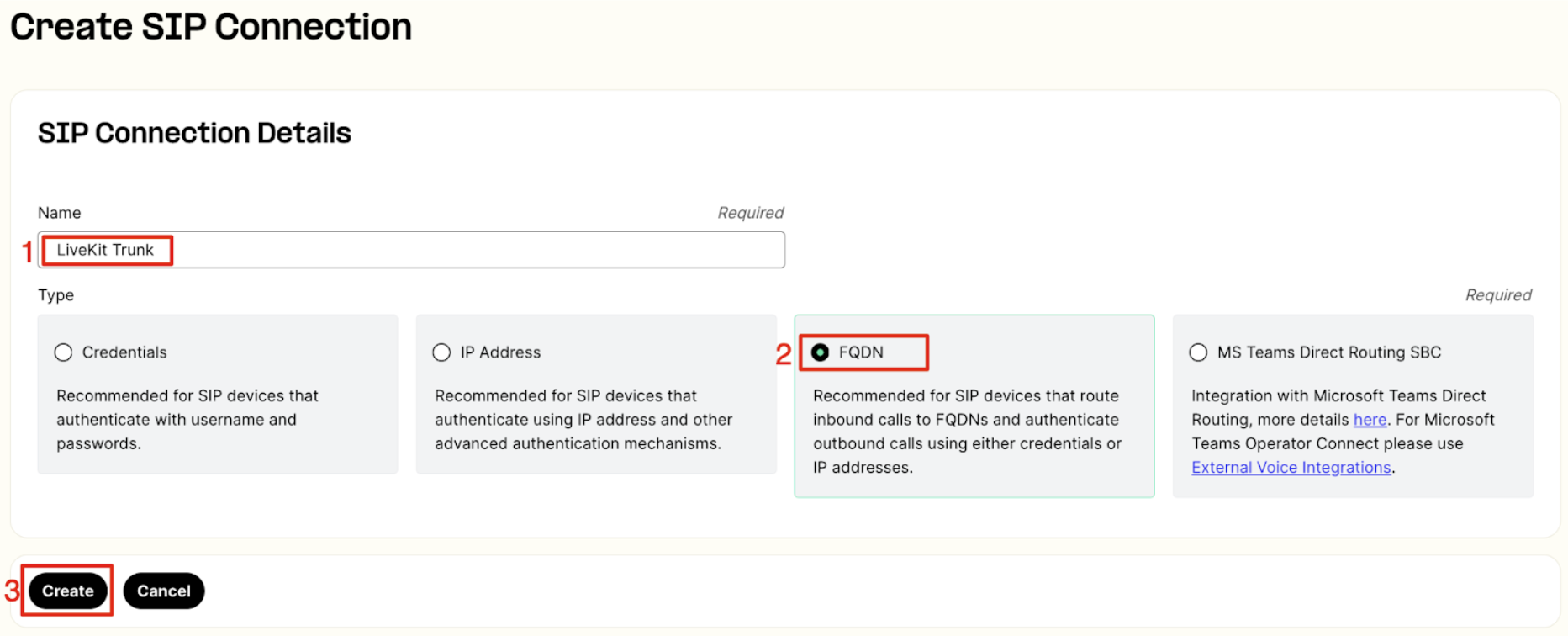 Create SIP Connection