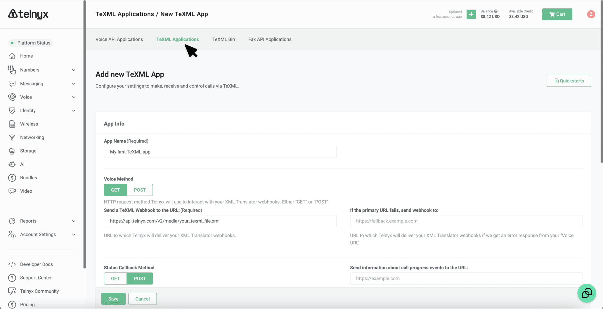 Configuring a TeXML Application to point at a TeXML File URL