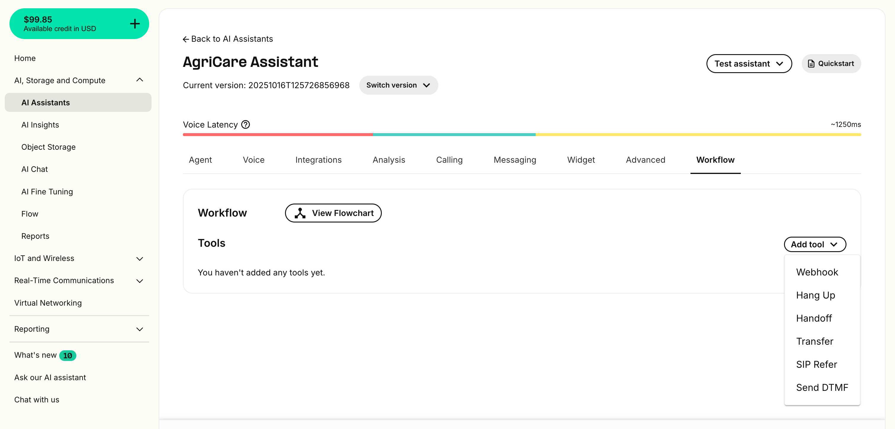 Add tool dropdown menu showing all available tool options including Webhook, Hang Up, Handoff, Transfer, SIP Refer, and Send DTMF